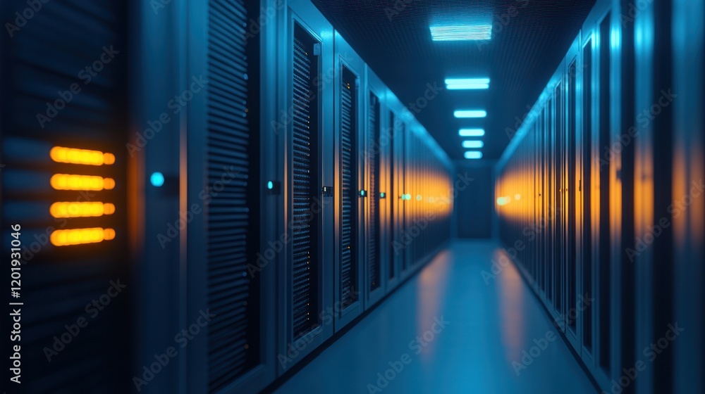 Futuristic data center with illuminated server racks and corridor. Futuristic data center with illuminated server racks and corridor.