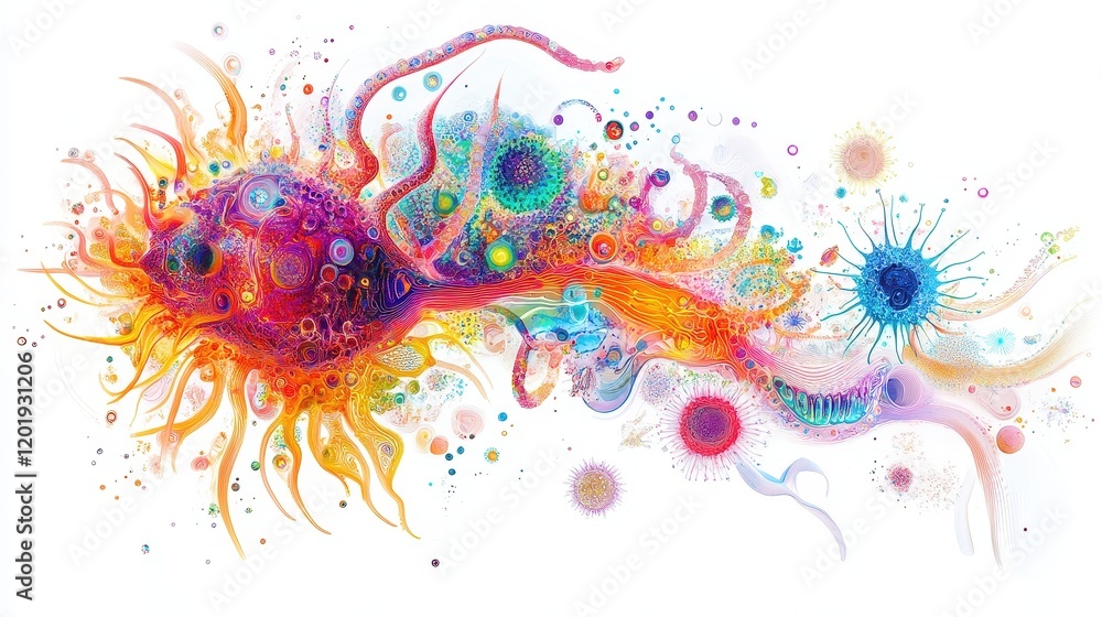 Obraz premium An artistic visualization of bacteria with flowing organic patterns, psychedelic style, vibrant tones, isolated on white background.