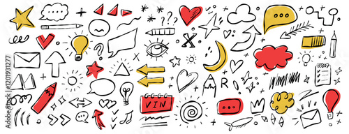 Creative doodles showcasing various symbols, shapes, and conversational elements in a vibrant design