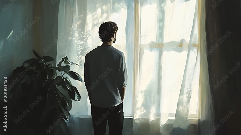 Fototapeta premium An adult standing by a window with light streaming in creating a serene and reflective mood