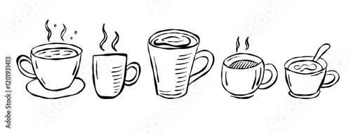 Different types of coffee cups illustrating various coffee drinks in a creative and artistic style