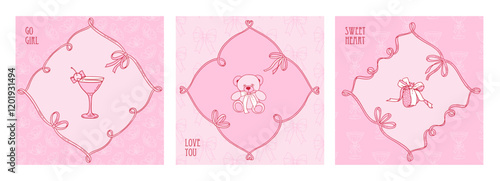 Coquette Vintage Valentine s cards set with bows and ribbons. Girly square covers. Vector minimalistic hand drawn Illustrations collection