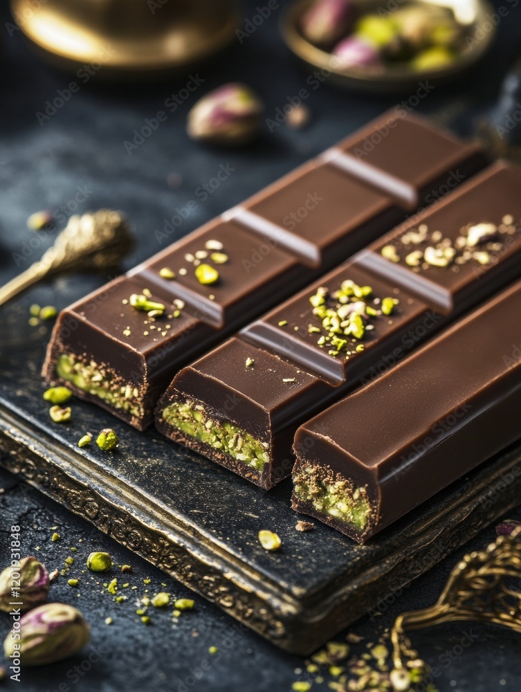 Obraz premium Delicious chocolate bar with creamy pistachio paste filling on a rustic wooden board surrounded by nuts. Generative AI