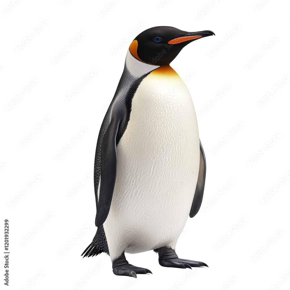 Fototapeta premium A single king penguin stands against a stark white background its black and white plumage is clearly visible.