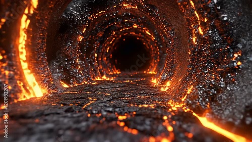 Molten lava flows through a dark tunnel creating a dramatic underground landscape at dusk