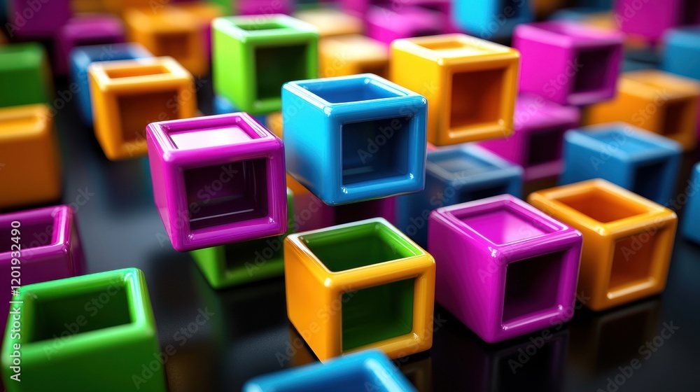 Dynamic Composition of Glossy Colorful Cubes Against Dark Background Dynamic Composition of Glossy Colorful Cubes Against Dark Background