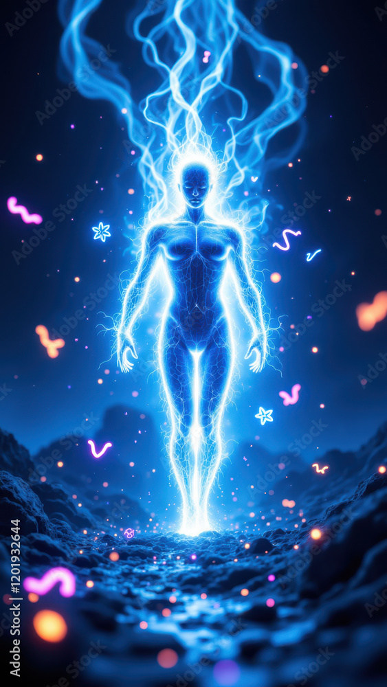 Obraz premium An AI girlfriend with magical powers radiating from her hands against a cosmic backdrop.