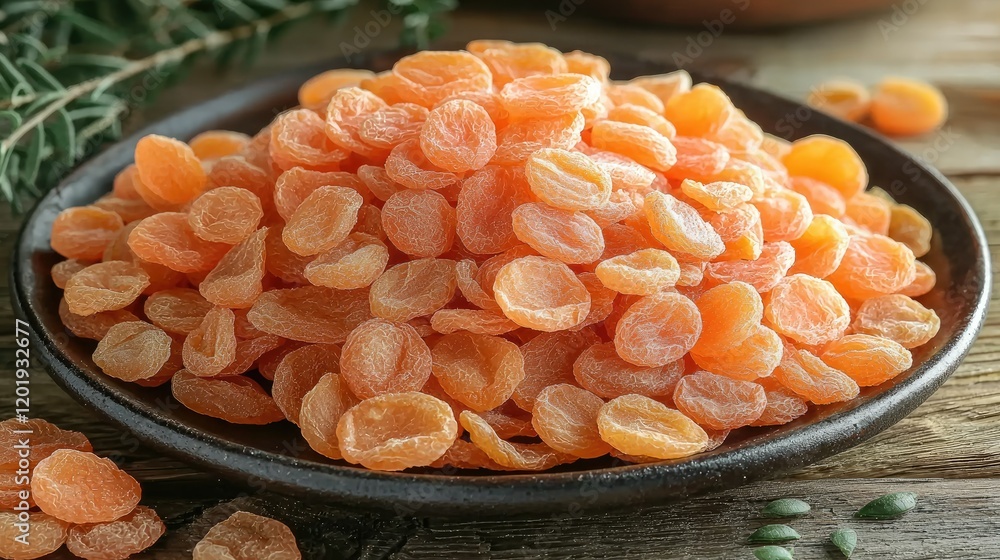 Dried Apricots in a Dark Bowl on Wood Dried Apricots in a Dark Bowl on Wood