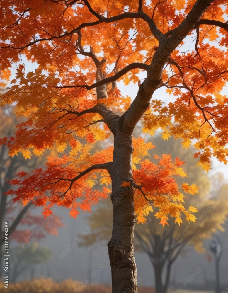 Branch of a maple tree with changing leaves in shades of orange and red, tree branches, leaf colors, changing seasons Branch of a maple tree with changing leaves in shades of orange and red, tree branches, leaf colors, changing seasons
