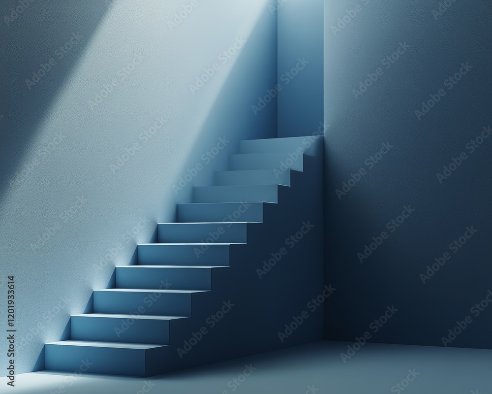 Obraz premium A minimalist staircase in a blue-toned room.