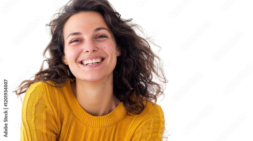 A cheerful young woman with curly hair wearing a bright yellow sweater, showcasing a warm smile that radiates positivity and joy. A cheerful young woman with curly hair wearing a bright yellow sweater, showcasing a warm smile that radiates positivity and joy.