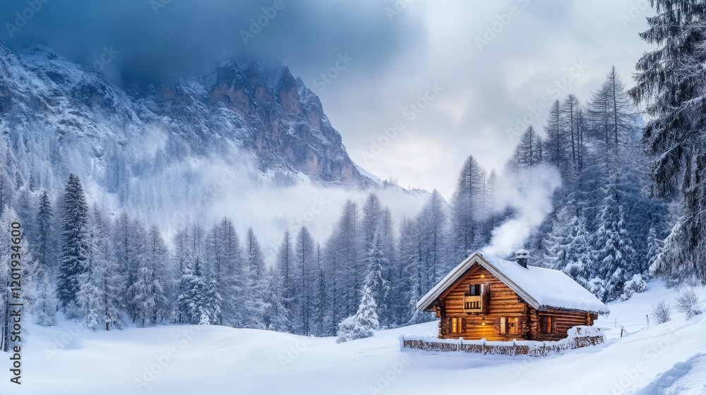 A vibrant image of a cozy cabin with smoke curling from its chimney, nestled in a snowy mountainside A vibrant image of a cozy cabin with smoke curling from its chimney, nestled in a snowy mountainside