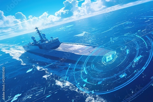 Modern warship sailing on ocean with futuristic HUD interface.