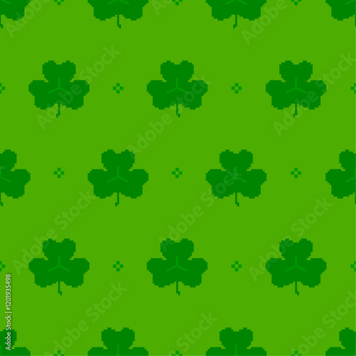 Vector seamless pattern of pixelated shamrock leaves on a green background symbolizing luck and nature. Perfect for use in St. Patrick's Day decorations, greeting cards or wrapping paper