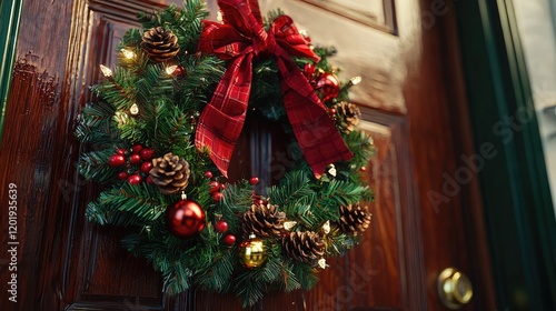 Festive Christmas Wreath Adorns a Dark Wooden Door photo