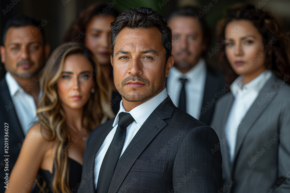 A man in a suit and tie stands in front of a group of people A man in a suit and tie stands in front of a group of people