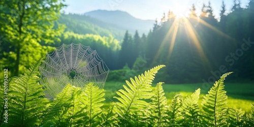 A dew-covered spider web clinging to a fern leaf in the early morning light. photo