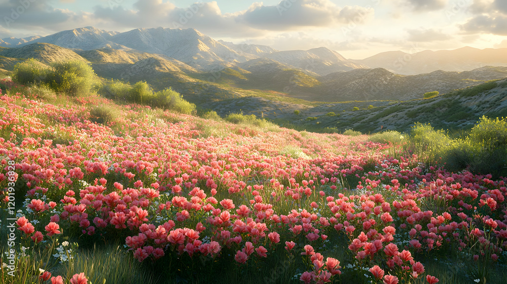 Vibrant Pink Wildflower Meadow at Sunset in Mountain Landscape Vibrant Pink Wildflower Meadow at Sunset in Mountain Landscape