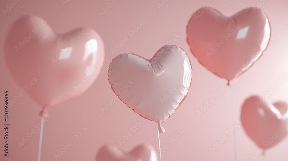 Delicate light pink heart-shaped balloons floating gracefully against a soft pink background during a celebration or event Delicate light pink heart-shaped balloons floating gracefully against a soft pink background during a celebration or event