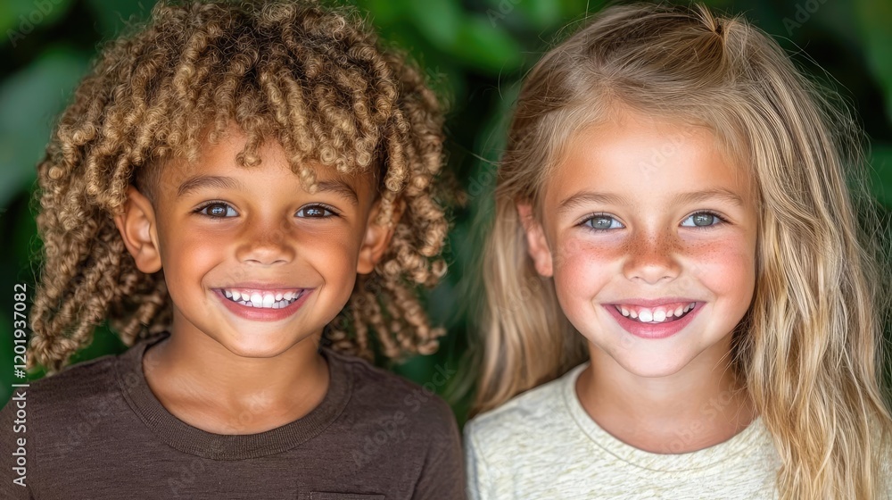 Happy diverse kids smiling, green foliage background; friendship, childhood Happy diverse kids smiling, green foliage background; friendship, childhood