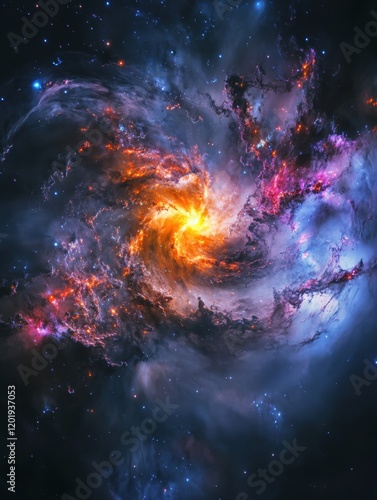 Colorful galaxy with swirling nebula and glowing planets showcasing vibrant cosmic beauty in deep space. Generative AI photo