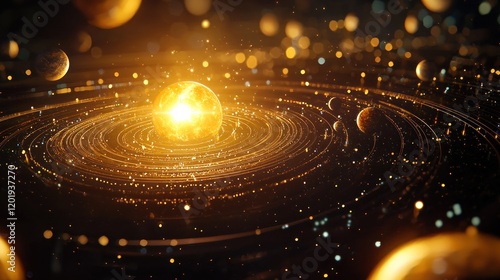 Digital model of the solar system showing planets revolving around the sun, illustrating astronomical theories and dynamics.