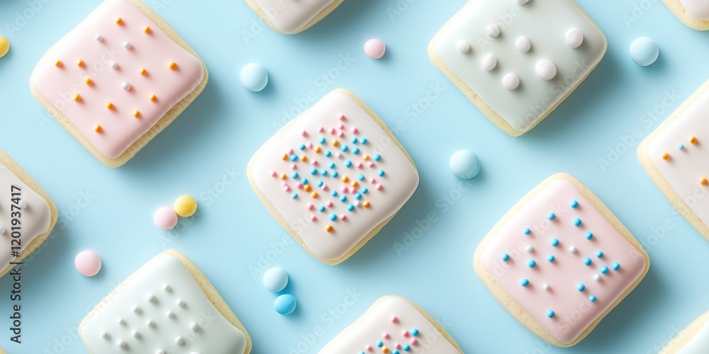 Square Sugar Cookies with Pastel Icing. Frosted Biscuits with Colorful Sprinkles on Light Blue Backdrop. Perfect for Bakery, Holidays, and Party Celebrations. Soft and Sweet Dessert. AI generated Square Sugar Cookies with Pastel Icing. Frosted Biscuits with Colorful Sprinkles on Light Blue Backdrop. Perfect for Bakery, Holidays, and Party Celebrations. Soft and Sweet Dessert. AI generated