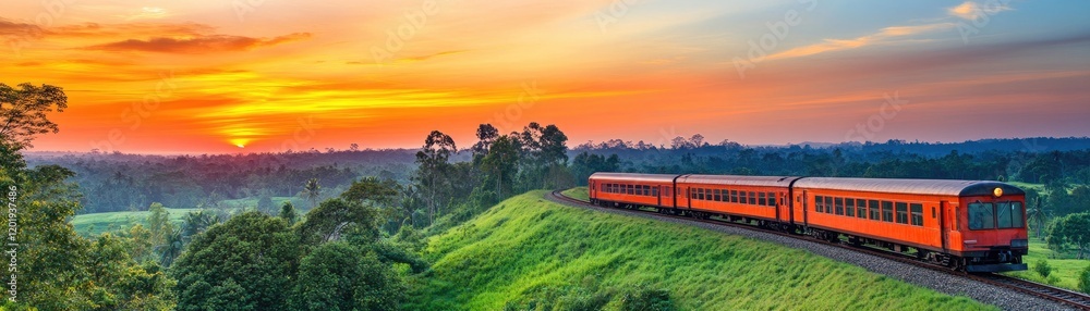 Scenic train journey at sunset, hills, lush greenery. Travel poster Scenic train journey at sunset, hills, lush greenery. Travel poster