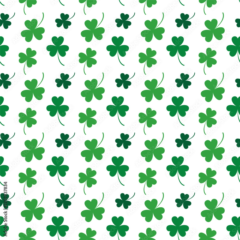 Seamless shamrock pattern.Green three clover leaf repeat pattern isolated on white background.St Patrick day icon symbol background.Vector graphic illustration. Seamless shamrock pattern.Green three clover leaf repeat pattern isolated on white background.St Patrick day icon symbol background.Vector graphic illustration.