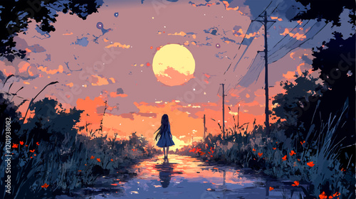 Anime vector illustration of a girl walking on a wet path at sunset under a big moon