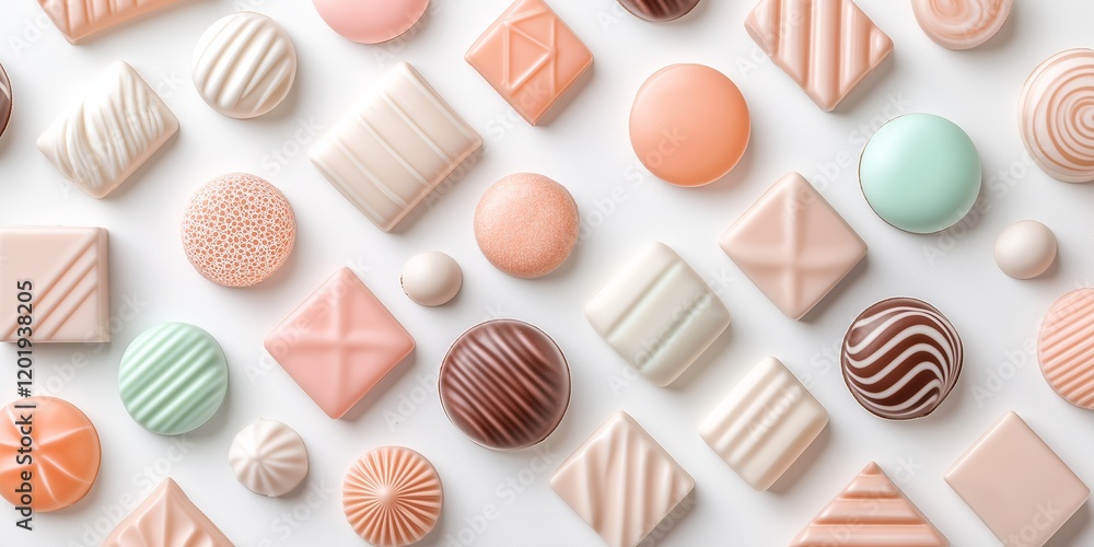 Geometric Chocolate Background. Flat Lay of Assorted Gourmet Chocolates in Various Shapes and Colors on Elegant White Surface. Perfect for Desserts, Confectionery, and Branding. AI generated Geometric Chocolate Background. Flat Lay of Assorted Gourmet Chocolates in Various Shapes and Colors on Elegant White Surface. Perfect for Desserts, Confectionery, and Branding. AI generated