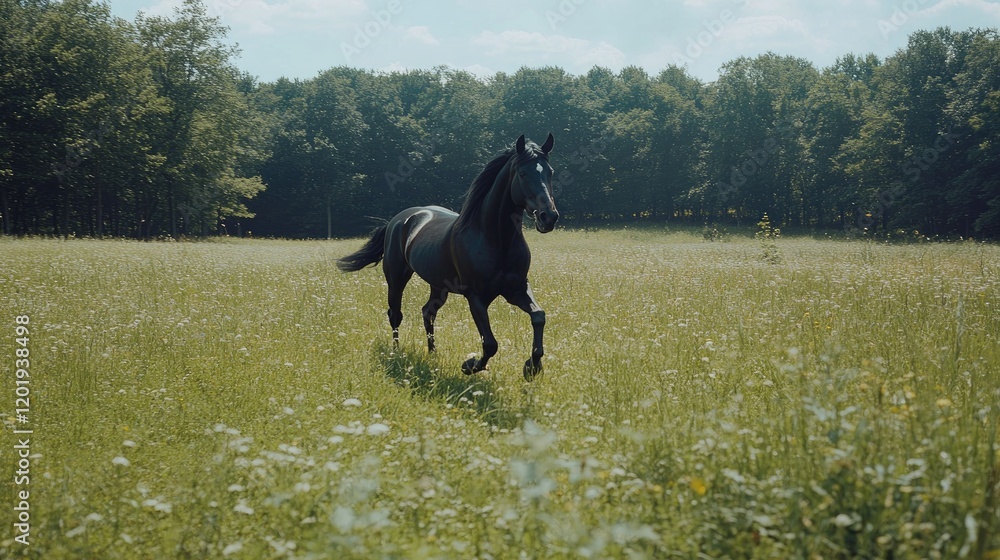 Black horse running field summer sun nature Black horse running field summer sun nature