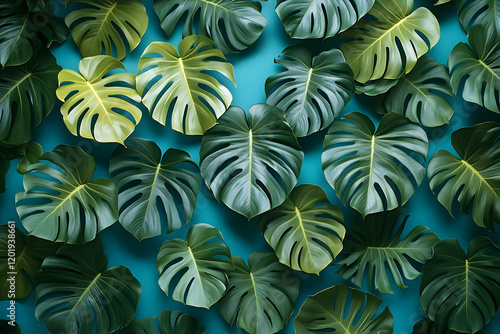 Wallpaper Mural Vibrant Tropical Monstera Leaves on a Blue Background Torontodigital.ca