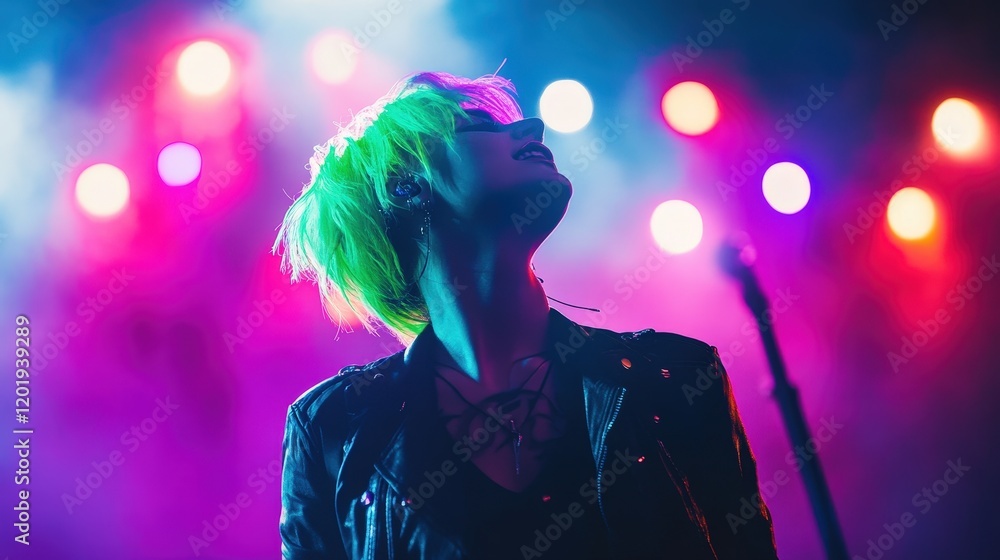 A vibrant image of a performer with neon green hair on stage under colorful lights A vibrant image of a performer with neon green hair on stage under colorful lights
