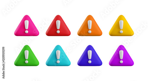 Vector Realistic 3d warning sign color set. Yellow, red, blue, green triangle shape with white exclamation mark. Cartoon 3d render of danger symbol, hazard notification symbol collection.