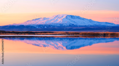 Wallpaper Mural Reflections of Snow-Capped Mountains Blend With a Tranquil Lake Under a Pastel Sky at Sunset Torontodigital.ca