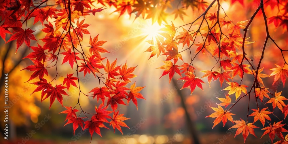 Red maple leaves scattered on branches with golden sunlight filtering through the trees Red maple leaves scattered on branches with golden sunlight filtering through the trees
