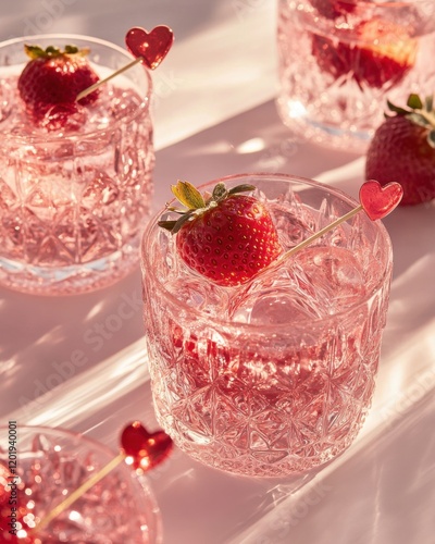 Delightful pink cocktail served in elegant crystal glasses garnished with fresh strawberries for a refreshing summer gathering