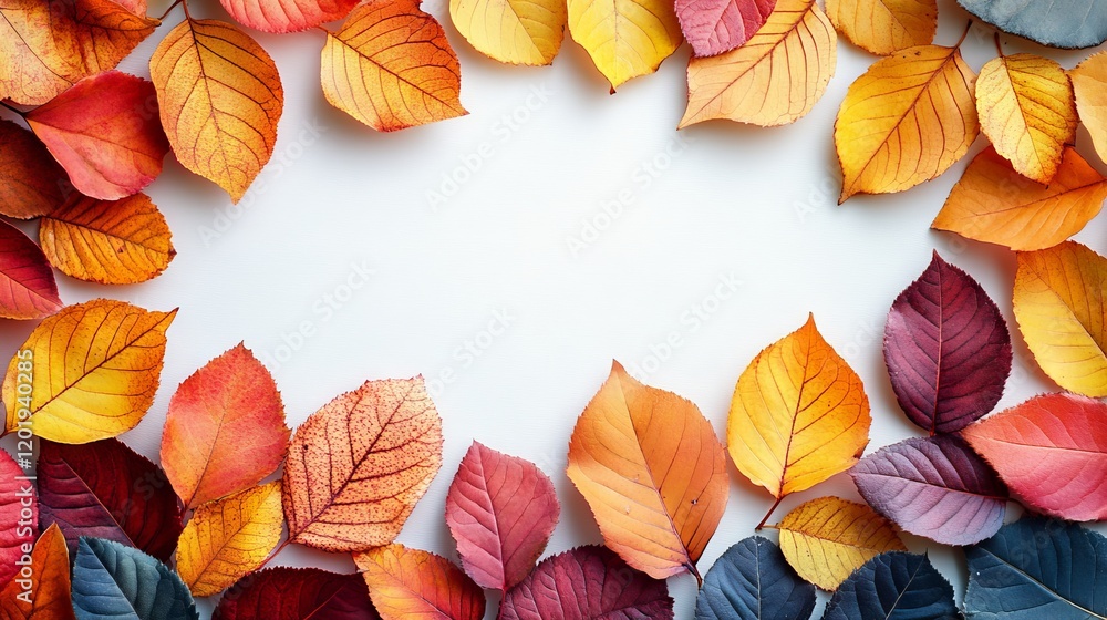 Fototapeta premium Autumn leaves frame a blank white canvas offering a versatile space for creative designs and content with their seasonal beauty and colors