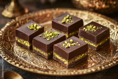 Indulging in rich chocolate with pistachio filling on a golden plate amid intricate Arabic patterns. Generative AI