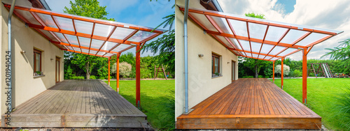 Before and after comparison of a wooden deck restoration showing untreated and freshly stained surfaces under a pergola in a backyard setting