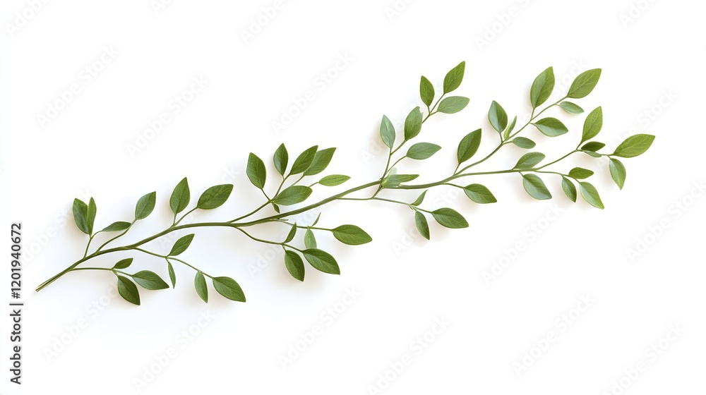 Obraz premium Green Branch with Numerous Small Leaves Isolated on White