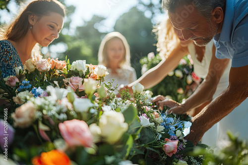 Family placing flowers on a casket during a graveside service photo