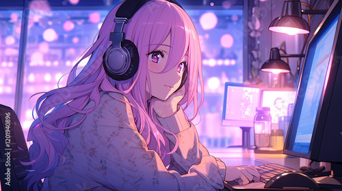 Anime-style girl with pink hair and headphones, sitting at a computer desk, illuminated by soft purple and neon lights, in a cozy night setting