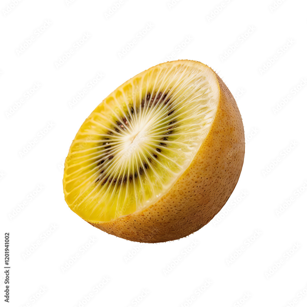 Golden Kiwi Slice: A vibrant, juicy slice of golden kiwi fruit, showcasing its unique yellow flesh and contrasting dark seeds. The image is sharp and detailed. Golden Kiwi Slice: A vibrant, juicy slice of golden kiwi fruit, showcasing its unique yellow flesh and contrasting dark seeds. The image is sharp and detailed.