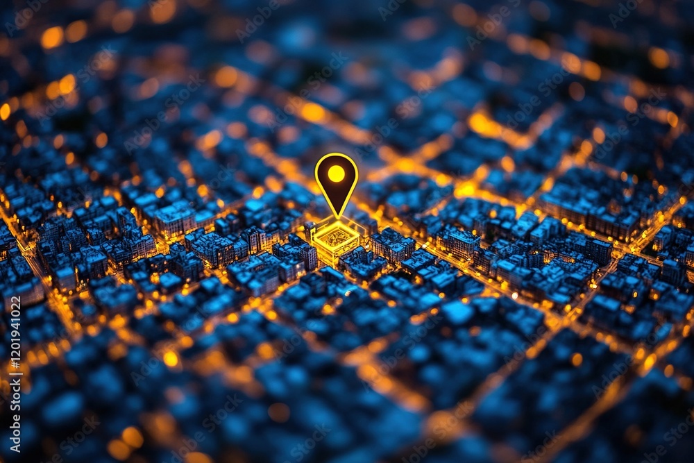 Illuminated city map with location pin. Illuminated city map with location pin.