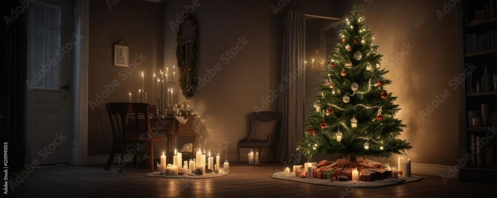 A Christmas tree decorated with candles and ornaments in a dark room, warm glow, cozy atmosphere A Christmas tree decorated with candles and ornaments in a dark room, warm glow, cozy atmosphere