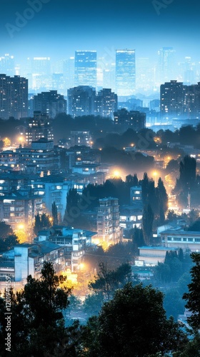 Night Cityscape Skyline with Illuminated Buildings photo