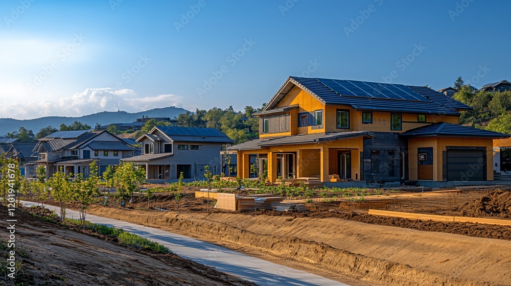 New homes, solar panels, mountain view, under construction New homes, solar panels, mountain view, under construction