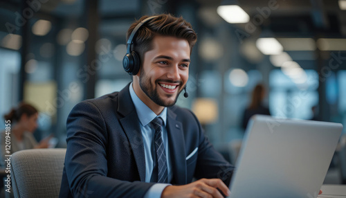 Call center, telemarketing and customer service with a business man working in an office and consulting on a headset.